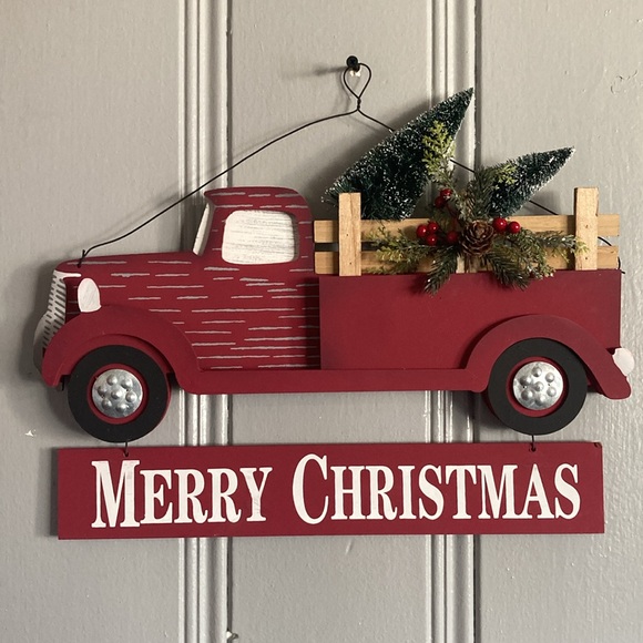 NWT- Red Farmtruck- Merry Christmas Wooden Decor Sign w/ Bottle Brush Trees 🌲 - Picture 1 of 17